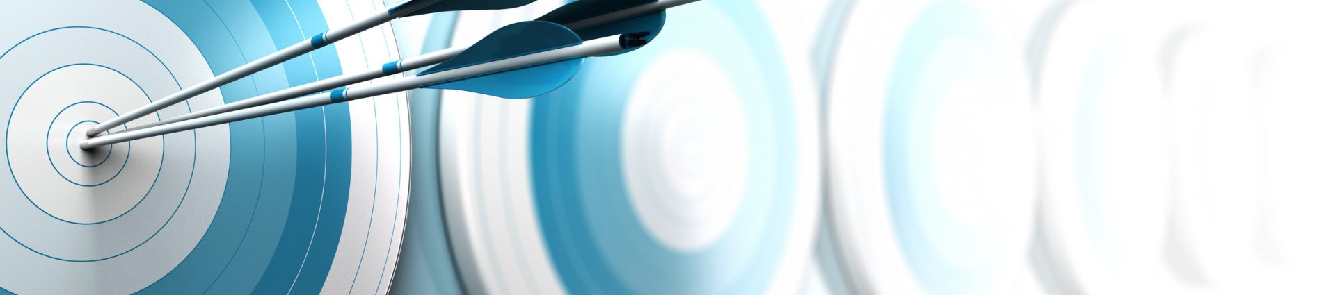 many blue targets and three arrows reaching the center of the first one, image fading from blue to white with blur effect, horizontal format dedicated for a banner. Strategic marketing or business competitive advantage concept.